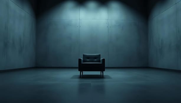 A solitary armchair sits in a stark, dimly-lit room with plain walls, creating an eerie, minimalist atmosphere. The chair, under a single overhead light, appears to wait for an unknown presence.