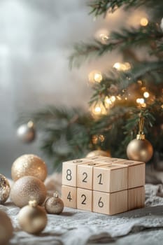 A sleek, cube-shaped advent calendar features numbered compartments, set against a minimalist background adorned with delicate golden accents and dried foliage, creating a warm and elegant holiday ambiance.