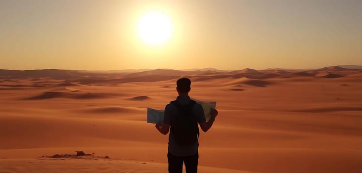 A lone traveler, backlit by the setting sun, stands amidst vast desert dunes, holding a map. The expansive sandy landscape and the fading light evoke a sense of adventure and solitude.