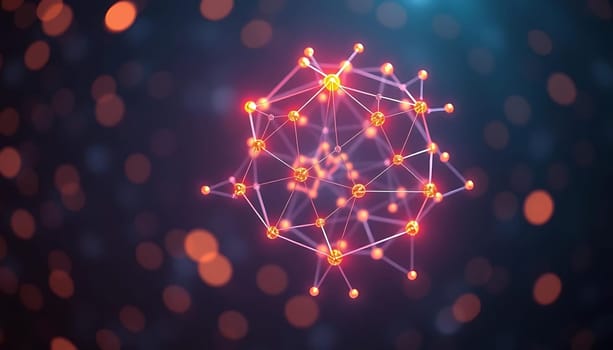 A radiant geometric network floats in a soft, bokeh-filled backdrop. Glowing nodes interconnect with lines, forming a complex web. The mood is futuristic and mystical, with warm hues blending into cooler tones.