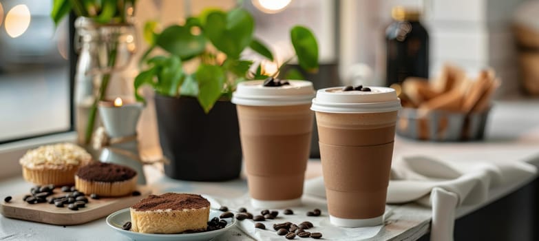 Mocha mousse coffee cups sit elegantly on a cafe table surrounded by pastries and modern decor. the warm ambiance of the contemporary cafe adds to the inviting atmosphere, perfect for enjoying a relaxing coffee break.