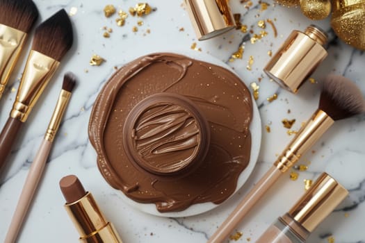 A sophisticated flat lay of mocha mousse makeup products set on a marble surface highlighted with gold accents. the arrangement includes various cosmetics like lipsticks, brushes, and foundation jars, showcasing luxury and elegance.