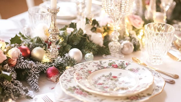 Christmas tablescape decoration, formal family dinner holiday celebration, luxury table setting decor, English country and home style idea