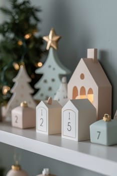A sleek advent calendar with white and pastel-colored compartments is elegantly displayed on a minimalist shelf. each section is numbered in refined typography, complemented by subtle holiday ornaments, including trees and pinecones.
