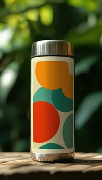 A metal thermos adorned with a circular retro design sticker, set against a backdrop of soft, natural outdoor lighting. the vibrant colors of the sticker are enhanced by the warm glow, creating a striking visual appeal.