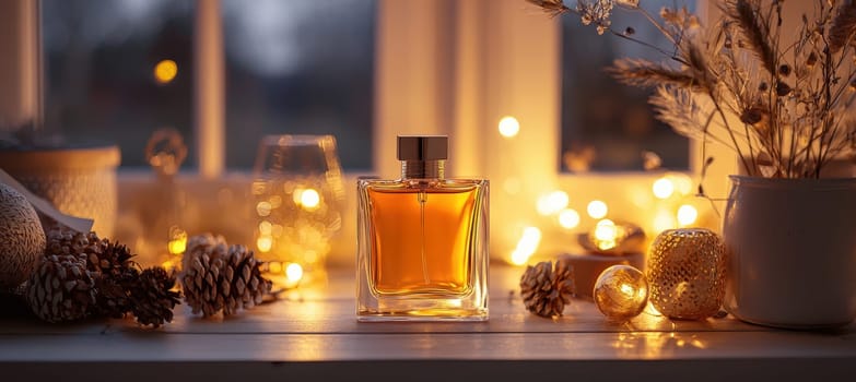 A rectangular sticker featuring elegant typography is displayed on a sophisticated glass perfume bottle. it is surrounded by soft ambient lighting and luxury props, creating a sense of refinement and elegance in the scene.