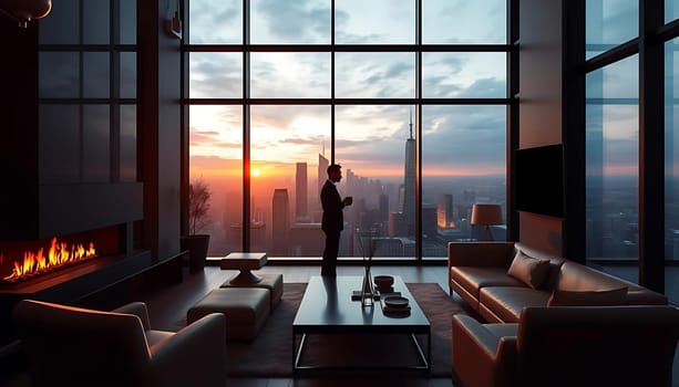 A solitary figure stands by expansive windows, silhouetted against a cityscape at sunset. The luxurious, dimly lit room features a flickering fireplace and modern furniture. The mood evokes contemplation and tranquility amidst urban grandeur.