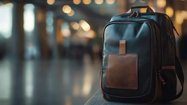 A bold sticker mockup affixed to a textured leather backpack, showcasing durability against a blurred urban backdrop. the image emphasizes the contrast between the detailed backpack and the soft, out-of-focus city scene.