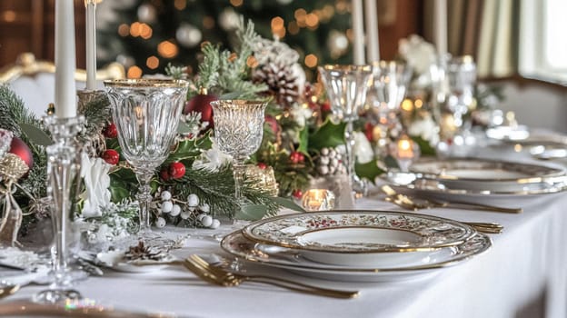 Christmas tablescape decoration, formal family dinner holiday celebration, luxury table setting decor, English country and home style idea
