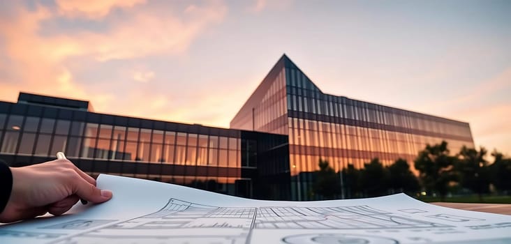 A hand holds a detailed architectural blueprint against the backdrop of a striking modern building at sunset. The setting exudes creativity and precision, with warm hues painting the sky and the building's sleek design promising innovation.