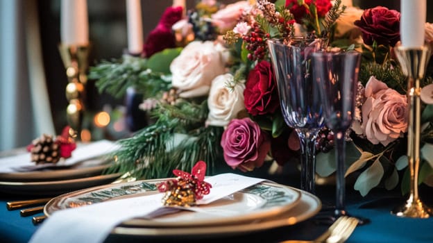 Christmas tablescape decoration, formal family dinner holiday celebration, luxury table setting decor, English country and home style idea