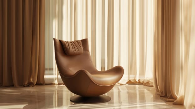 A luxurious mocha leather lounge chair sits elegantly by a floor-to-ceiling window, complemented by soft beige curtains. the setting exudes sophistication and comfort, ideal for modern interior design, relaxation, or reading spaces.