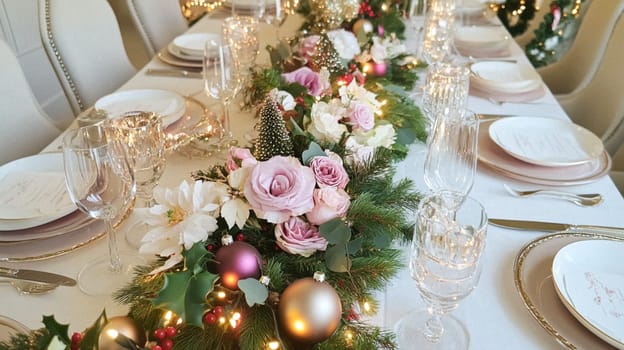 Christmas tablescape decoration, formal family dinner holiday celebration, luxury table setting decor, English country and home style idea