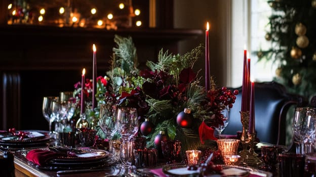 Christmas tablescape decoration, formal family dinner holiday celebration, luxury table setting decor, English country and home style idea