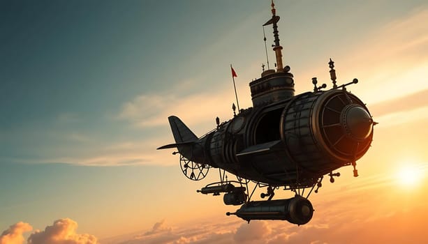 A steampunk-inspired airship soars through a golden sunset, with intricate gears and propellers. The mood is adventurous, evoking vintage exploration amidst a dreamy sky.