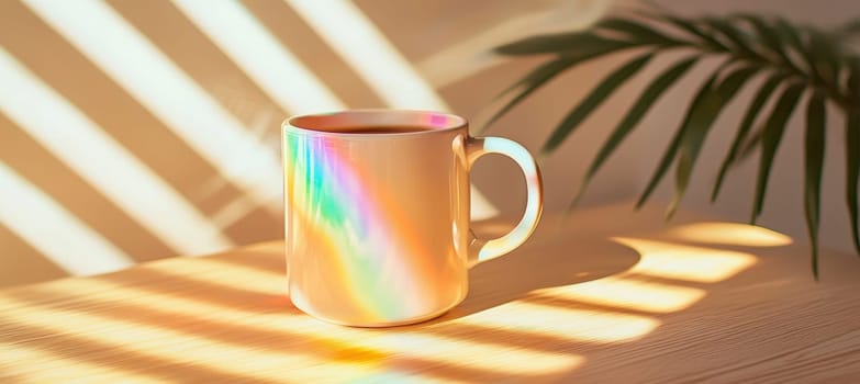 Holographic sticker displayed on a smooth white ceramic mug, a shimmering rainbow effect in natural lighting. detailed clean design perfect for showcasing creative ideas, branding concepts, or product mockups in vibrant settings.