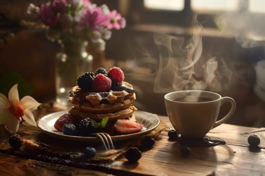 Warm breakfast setting with mocha mousse waffles drizzled in maple syrup, complemented by fresh berries. a steaming cup of coffee adds comfort to a rustic wooden table backdrop, enhancing the cozy morning ambiance.