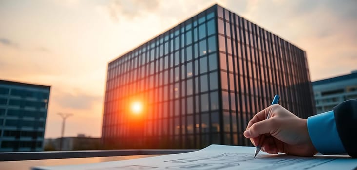 As the sun sets behind sleek, modern buildings, a hand meticulously sketches on a blueprint outdoors. The golden hour casts a warm glow, blending creativity and architecture in an inspiring urban scene.