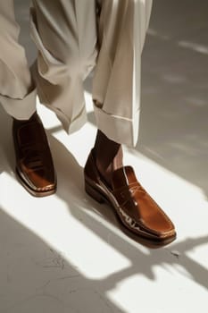 Mocha mousse loafers paired with beige trousers and a white shirt create a sophisticated, stylish ensemble. the bright studio lighting enhances the warmth and elegance of the footwear, offering an ideal look for fashion-forward individuals.