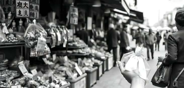 In a bustling market, a child's hand clutches a bag, foregrounding the lively vendors and shoppers amidst signs in Asian script. The mood is vibrant, capturing daily life in a traditional setting.