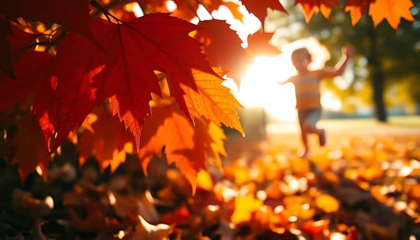 In a vibrant autumn setting, a child joyfully jumps amidst a carpet of fallen leaves. The foreground features striking red and orange maple leaves, with the warm glow of the setting sun enhancing the scene's playful and serene atmosphere.