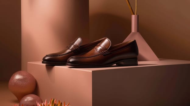 Premium mocha mousse leather loafers highlighted in a sleek studio environment, paired with formal attire. the arrangement footwear's craftsmanship, emphasizing luxury and style against a minimalist backdrop.