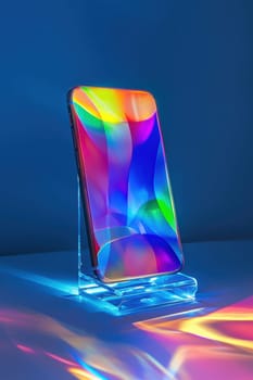 A vibrant holographic sticker with an abstract design is elegantly showcased on a clear acrylic smartphone stand. captured under bright studio lighting, the colorful reflections highlight the dynamic and modern aesthetic suitable for tech or design presentations.