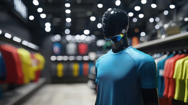 Photorealistic portrayal of a mannequin showcasing a vibrant soccer jersey in a retail store environment. the blurred background of other jerseys emphasizes the unique design of the featured item, sports merchandise and fashion trends.