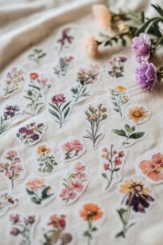 A collection of matte finish floral stickers featuring pastel colors, elegantly displayed on a textured linen fabric. ideal for use in crafts, journaling, or decoration, the design exudes a sense of calm and subtle elegance.