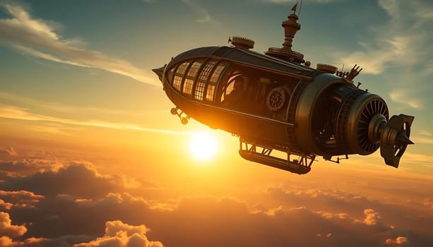 A steampunk airship, detailed with gears and observatory windows, cruises above golden clouds at sunset. The sky is painted with hues of orange and blue, evoking a sense of adventure and wonder.