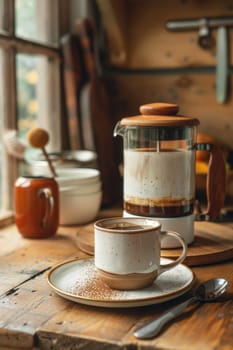 A cozy coffee setup featuring a mocha mousse coffee in a ceramic mug with a matching saucer. a french press stands nearby on a rustic wooden counter, surrounded by coffee beans. ideal for cafe-inspired designs and warm, inviting settings.
