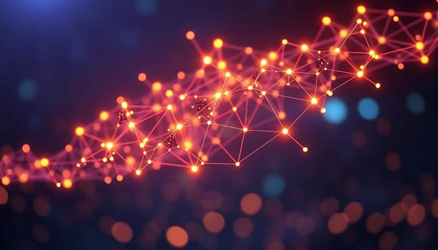 Glowing nodes interconnect in a radiant network, floating against a dark, bokeh-filled backdrop. The scene evokes a sense of advanced technology and digital connectivity, with vibrant orange and red lines forming intricate patterns.