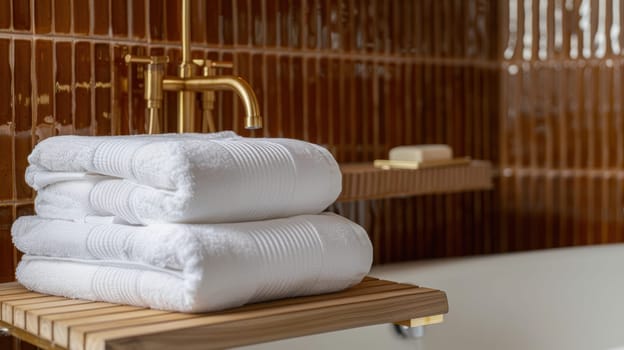 Luxurious high-end bathroom featuring mocha mousse tiles and elegant gold faucet finishes. a freestanding bathtub adds sophistication, complemented by neatly folded soft white towels on a wooden shelf, creating a serene ambiance.