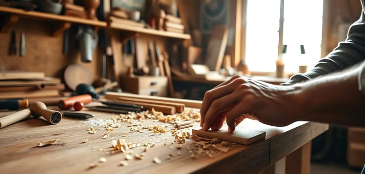 In a sunlit workshop, a craftsman meticulously sands a small wooden block. Surrounded by an array of tools and scattered wood shavings, the atmosphere is one of focused, artisanal dedication. The warm tones and organized chaos hint at countless hours spent perfecting craft.