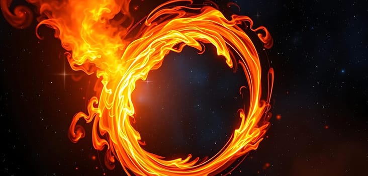 A mesmerizing ring of fire swirls in the cosmos, radiating intense orange and red hues against the dark, star-speckled night. The fiery vortex exudes a mystical, otherworldly aura.