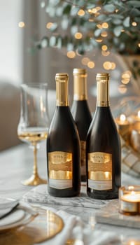 Three premium wine bottles with gold foil labels stand elegantly on a marble table, accompanied by a glass of wine and a rich mocha mousse. the sophisticated ambiance is enhanced by ornate glassware and a floral arrangement.