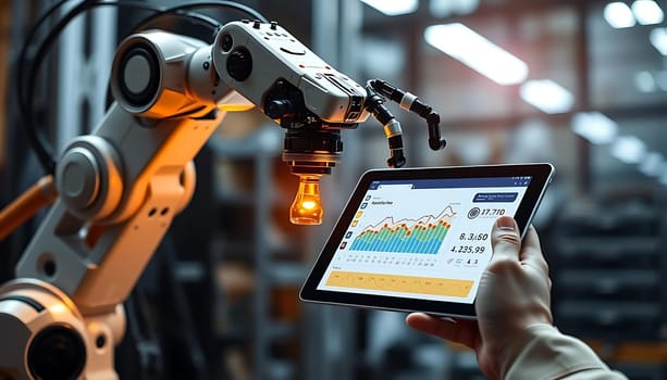 In a bustling industrial setting, a robotic arm works diligently while a person monitors its performance on a tablet displaying vibrant data graphs. The mood is one of advanced technological integration and efficiency.