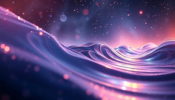 Flow through a cosmic sea, where iridescent waves ripple in a dance of purple and pink hues. Glowing particles and distant stars illuminate the scene, creating a mystical, otherworldly mood. The dynamic curves and ethereal glow invite wonder and awe.