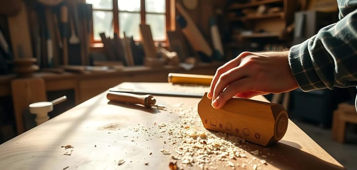 In a cozy, sunlit workshop, a craftsman gently holds a wooden mallet on a well-worn table, surrounded by chisels and sawdust. The atmosphere is warm and focused, hinting at meticulous woodworking in progress.