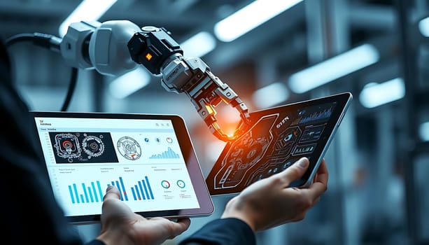 In a high-tech industrial setting, a robotic arm extends over two tablets, one displaying detailed machinery diagrams and the other showing performance analytics. The scene, illuminated by a warm, futuristic glow, suggests precision engineering and advanced automation at work.