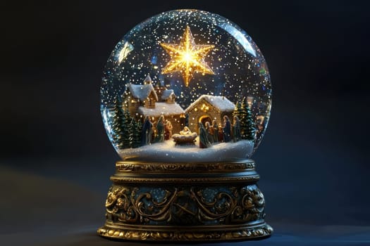 A magical snow globe with a glowing christmas star illuminating a nativity scene, encased in softly swirling snow. the globe rests on an ornately designed base featuring religious symbols and gold trim, perfect for holiday decoration.