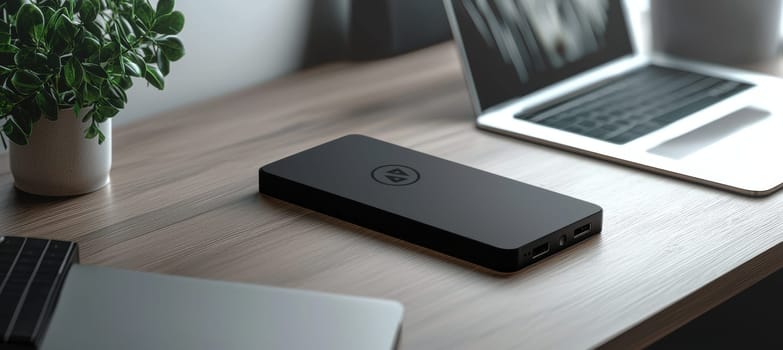 A sleek, matte black power bank featuring a modern tech logo sticker, situated on a professional desk. the setup includes a laptop and potted plants, creating an elegant and contemporary workspace atmosphere.