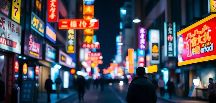 Vibrant neon lights illuminate a bustling Japanese street at night. Amidst the colorful signage, a lone individual strolls down the sidewalk, creating a mood of tranquility within urban energy. The scene captures the lively essence of a night out in a city filled with endless entertainment options.
