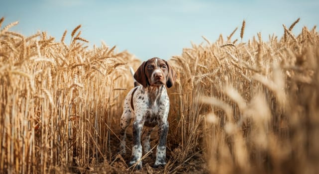 Young pointer puppy with a brown and white coat explores a sunlit wheat field. surrounded by tall golden stalks, the puppy's curious gaze is captured under a clear blue sky, conveying a sense of adventure and nature's tranquility.