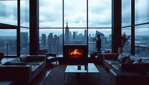 In a sleek, modern high-rise apartment, a man stands by floor-to-ceiling windows, gazing at a moody cityscape under a cloudy sky. Inside, contemporary black leather furniture surrounds a vibrant fireplace, creating a cozy contrast to the bustling city outside.