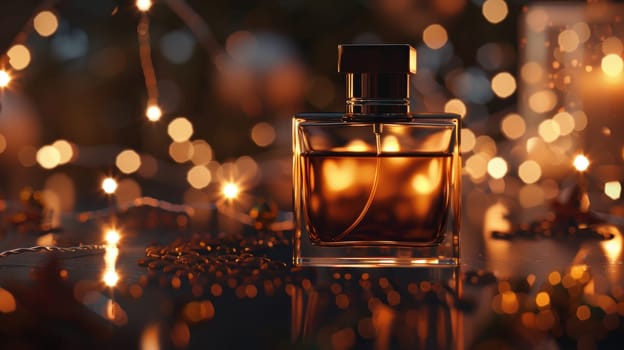 Mocha mousse perfume bottle elegantly labeled, set amidst glowing string lights on a wooden surface. soft focus creates a dreamy ambiance, perfect for holiday decorations and festive displays. ideal for showcasing luxury fragrance.