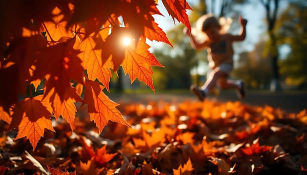 A joyful child leaps through a sunlit carpet of vibrant autumn leaves, with the sun's warm glow filtering through crimson foliage, creating a playful and nostalgic mood in a tranquil park setting.