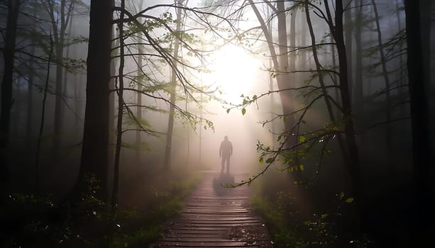 In a misty forest, a lone figure walks along a wooden path illuminated by shafts of sunlight. The mood is serene and mystical, with tall trees and green foliage framing the ethereal scene.