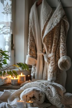 Luxurious spa setting featuring mocha mousse robes, neatly folded white towels, and glowing scented candles. bask in the serene, softly lit environment designed to enhance relaxation and offer a soothing wellness experience.