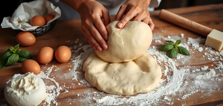 In a cozy kitchen, hands delicately shape smooth dough on a floured wooden surface. Surrounded by fresh eggs, basil, and blocks of cheese, the scene exudes a sense of culinary warmth and creativity.